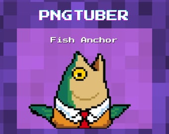 Animowany model PNGTuber z rybką pikselową, prezenterką wiadomości, miniplik Veadotube, Twitch YouTube Discord OBS