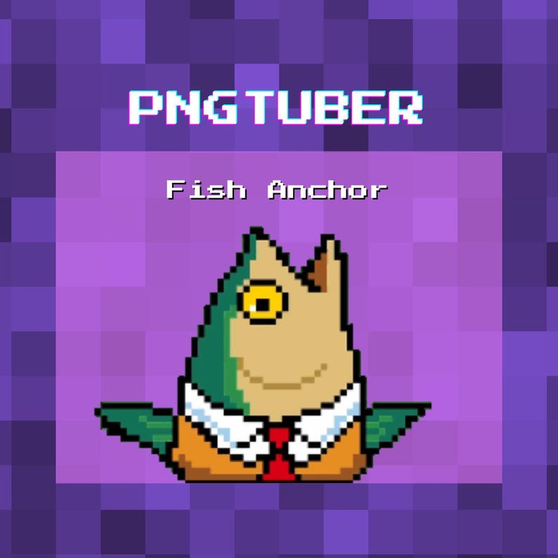 May include: Pixelated illustration of a fish wearing a suit and tie. The fish has a green and tan body with a yellow eye. The text "PNGTUBER" is above the fish, and "Fish Anchor" is below it. The background is a purple pixelated pattern.