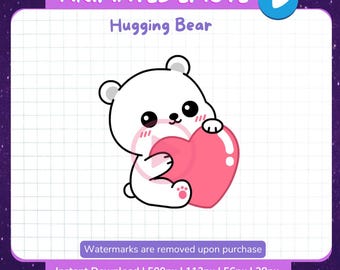 Animowany emotikona GIF z przytulaniem niedźwiedzia na Twitch i Discord. Słodki, kawaii, serduszkowy, walentynkowy emotikona do natychmiastowego pobrania.