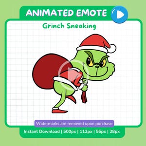 Peut inclure: Émoticône animée du Grinch, portant un bonnet de Père Noël rouge et portant un sac rouge. Le Grinch est vert et a une expression espiègle. Le texte "ANIMATED EMOTE" et "Grinch Sneaking" est inclus.