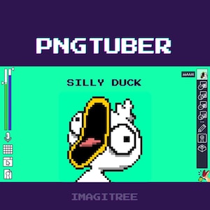 Puede incluir: Imagen pixelada de un pato blanco con la boca abierta, sobre un fondo turquesa. El texto "SILLY DUCK" está encima del pato, con "PNGTUBER" e "IMAGITREE" también mostrados.
