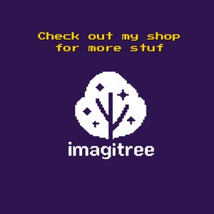 K&ouml;nnte beinhalten: Digitale Grafik auf lila Hintergrund. Das Bild zeigt ein wei&szlig;es baumartiges Design mit dem Text "Check out my shop for more stuff" in Gelb dar&uuml;ber. Unter dem Baum steht das Wort "imagitree" in Wei&szlig;.