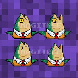May include: Pixel art illustration of four fish characters wearing business attire. Each fish has a green body, a tan head, and is dressed in a white collared shirt, orange blazer, and red tie. The background is a purple pixelated pattern.