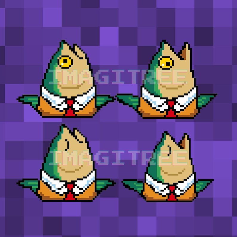 May include: Pixel art illustration of four fish characters wearing business attire. Each fish has a green body, a tan head, and is dressed in a white collared shirt, orange blazer, and red tie. The background is a purple pixelated pattern.