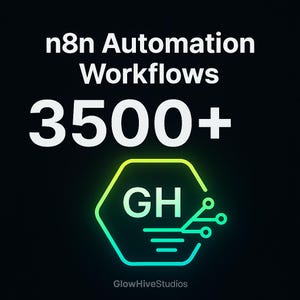 May include: A graphic with the text "n8n Automation Workflows" and "3500+" in white. A glowing green and yellow hexagon with the letters "GH" and a circuit design is in the center. The text "GlowHiveStudios" is at the bottom.