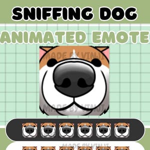 Puede incluir: Un emoticono animado con un perro de dibujos animados con una gran nariz negra, pelaje marrón y blanco y una expresión sonriente. El texto "SNIFFING DOG ANIMATED EMOTE" está en la parte superior. Debajo hay varias versiones más pequeñas del emoticono del perro.