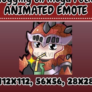 May include: Animated emote featuring a cartoon character in orange armor drinking from a green bottle with a straw. The text "Chugging on Mega Potion ANIMATED EMOTE" is at the top, with size details and the artist's name at the bottom.