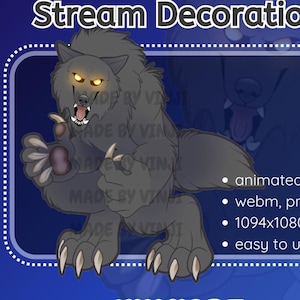 May include: A digital illustration of a black werewolf with glowing yellow eyes, bared fangs, and sharp claws. The image includes the text "Black Werewolf Stream Decoration" and "VINJIART."