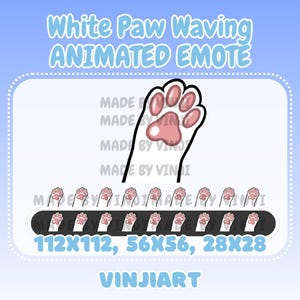 Op de afbeelding: Een digitale afbeelding van een witte zwaaiende kattenpoot, met roze voetzolen en een zwarte omtrek. De tekst "White Paw Waving ANIMATED EMOTE" staat bovenaan. De afbeelding bevat maatspecificaties en de naam van de artiest.
