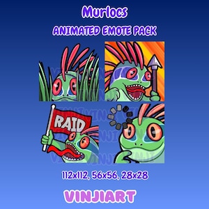 Op de afbeelding: Geanimeerd emote-pakket met vier cartoon Murlocs met verschillende uitdrukkingen. De Murlocs zijn groen met rode en paarse accenten. Eén zit in het gras, een ander houdt een speer vast, één zwaait met een "RAID"-vlag en de laatste heeft een laadsymbool. Tekst bevat "Murlocs" en "VINJIART".