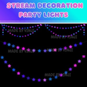 Op de afbeelding: Slinger van stervormige feestverlichting in blauwe, paarse en roze tinten. De tekst "STREAM DECORATION PARTY LIGHTS" staat bovenaan. De woorden "MADE BY VINJI" worden herhaald. Ideaal voor streaming en feestdecoraties.