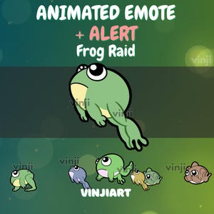 May include: An image featuring animated frog emotes with the text "ANIMATED EMOTE + ALERT Frog Raid". The main frog is green with a white belly and large black eyes. Several smaller frog illustrations are also present, in various colors.