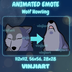 May include: An animated emote showing a gray wolf in two states: resting and howling. The image includes the text "ANIMATED EMOTE Wolf Howling" and "VINJIART". Size specifications are given: 112x112, 56x56, and 28x28. The background is dark blue.
