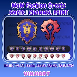 May include: Digital art featuring World of Warcraft faction crests, designed as emotes and channel points. The image includes a blue and gold lion crest and a red and pink symbol, with various size options. Text reads "WoW Faction Crests" and "VINJIART".