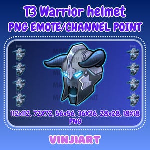 Könnte beinhalten: Digitalgrafik eines T3-Kriegerhelms, entworfen als PNG-Emote oder Kanalpunkt-Grafik. Der Helm ist hauptsächlich silberfarben mit dunkelblauen Hörnern und Akzenten sowie leuchtenden blauen Details. Der Text "VINJIART" ist enthalten.