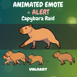 May include: Animated emote and alert graphic featuring capybaras. The image shows several capybara illustrations in various poses, with text that reads "Animated Emote + Alert Capybara Raid" and "Vinjiart."