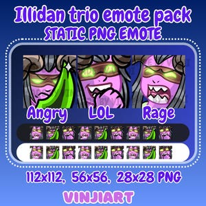 Op de afbeelding: Digitaal emote-pakket met drie uitdrukkingen: Angry, LOL en Rage. Elke emote toont een roze personage met groene ogen en een groen mes. Inclusief formaten 112x112, 56x56 en 28x28 PNG. Tekst luidt "Illidan trio emote pack".