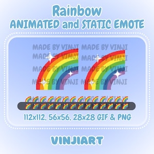 以下が含まれることがあります： 虹のアニメーションと静的絵文字のデジタルグラフィック。画像には、星が付いた2つの虹のデザインと、小さな虹のアイコンの行が含まれています。「Rainbow ANIMATED and STATIC EMOTE」と「VINJIART」というテキストが含まれています。
