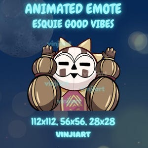 Può includere: Un'emote animata con un personaggio dei cartoni animati con un viso bianco, dettagli marroni e un abito a fantasia. Il testo "ANIMATED EMOTE ESQUIE GOOD VIBES" è visualizzato in blu brillante. L'immagine include anche le dimensioni 112x112, 56x56 e 28x28.