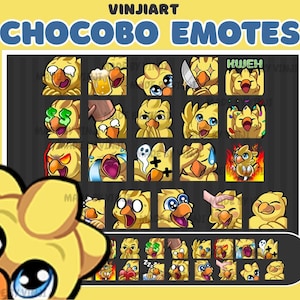 Può includere: Una collezione di emoji Chocobo gialli con varie espressioni, tra cui tenere una birra, un coltello e piangere. L'immagine presenta il testo "VINJIART" e "CHOCOBO EMOTES" in blu e bianco.