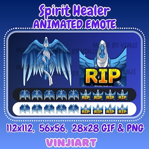 以下が含まれることがあります： 「Spirit Healer ANIMATED EMOTE」と書かれた、翼を持つ青い天使のような姿のデジタルグラフィック。画像には、天使と「RIP」グラフィックの小さなバージョンが含まれています。下部のテキストは「112x112, 56x56, 28x28 GIF & PNG VINJIART」と書かれています。