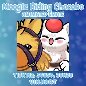 May include: Animated emote featuring a yellow Chocobo wearing a bridle and a white Moogle with a red pom-pom. Text reads "Moogle Riding Chocobo ANIMATED EMOTE" and "112X112, 56X56, 28X28 VINJIART".