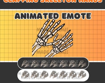 May include: Animated emote featuring clapping skeleton hands. The design includes the text "CLAPPING SKELETON HANDS" and "ANIMATED EMOTE" in orange and black. The image also includes the text "VINJIART" and multiple smaller images of the clapping hands.