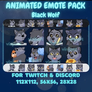 Op de afbeelding: Een geanimeerd emote-pakket met een zwarte wolf in verschillende uitdrukkingen en acties, waaronder lezen, knuffelen en het vasthouden van een bloem. De tekst luidt ANIMATED EMOTE PACK Black Wolf FOR TWITCH & DISCORD 112x112, 56x56, 28x28.