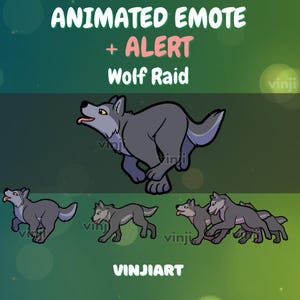 Puede incluir: Gráfico animado para emote y alerta, que representa una manada de lobos. La imagen muestra un lobo corriendo y varios otros lobos en diferentes poses. El texto incluye "Animated Emote + Alert" y "Wolf Raid". También se muestra el nombre del artista, "Vinjiart".