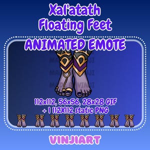 以下が含まれることがあります： 「Xal'atath Floating Feet」と題された、金と黒のアクセントが付いた、様式化された紫色の足のアニメーション絵文字。画像には「ANIMATED EMOTE」というテキストと、GIFおよびPNGファイルのサイズ仕様が含まれています。アーティスト名は「VINJIART」です。
