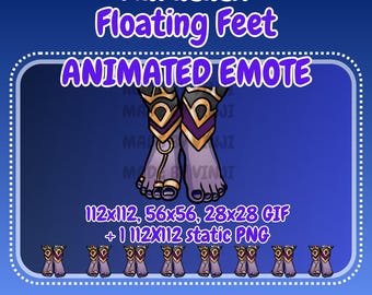 May include: An animated emote featuring stylized purple feet with gold and black accents, labeled "Xal'atath Floating Feet." The image includes the text "ANIMATED EMOTE" and size specifications for GIF and PNG files. The artist's name is "VINJIART."