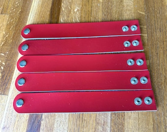 One (1) Red Genuine Leather Small Cuff Blank- 1.5 inch Wide, Adjustable Snap Bracelet - Made in USA