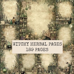 May include: A collection of 189 pages featuring a vintage-style herbal theme with botanical illustrations, apothecary shelves filled with glass bottles, and figures engaged in crafting potions, all set against a textured, aged parchment background.