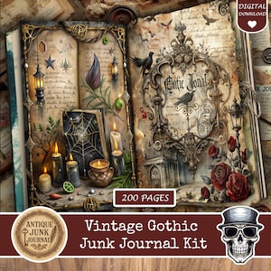 May include: Open vintage gothic junk journal kit with 200 pages. The pages are aged with illustrations of candles, a spider web, and a raven. The cover features the text "Eatie Jonal". The kit includes a digital download.