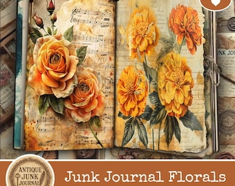 May include: A digital download of a junk journal with floral designs. The journal features open pages with vintage-style illustrations of orange roses and yellow flowers. The text "Junk Journal Florals" and "140 Pages" are displayed on the cover.