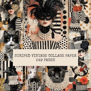 May include: A digital collage paper collection featuring 249 pages of black, white, and orange vintage-inspired imagery. The designs include figures in masquerade masks, a zebra, a cat, a rabbit, and a panther, all accented with stripes and dots.