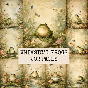 May include: A collection of digital paper designs featuring various illustrations of green frogs in natural settings with flowers, mushrooms, and butterflies. The central text overlay reads WHIMSICAL FROGS 202 PAGES in a black serif font.