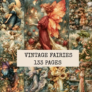 May include: A collection of fairy illustrations featuring various figures with wings in floral settings, including a central figure in a red dress with orange wings. The text VINTAGE FAIRIES 133 PAGES is displayed in the center over a light beige background.