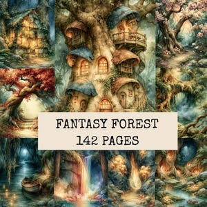 Könnte beinhalten: Eine Sammlung von Fantasy-Wald-Illustrationen mit Baumhäusern, Wasserfällen und Waldwegen. Der zentrale Text lautet FANTASY FOREST 142 PAGES. Die Bilder zeigen leuchtende Fenster, hölzerne Strukturen und üppige, natürliche Landschaften.
