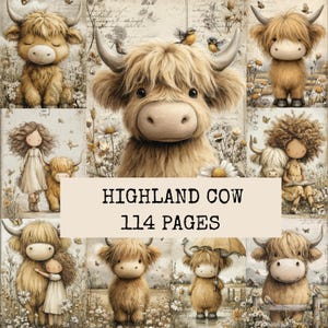 Kit per Junk Journal a tema mucche delle Highlands: pagine stampabili in stile rustico e country (download digitale)