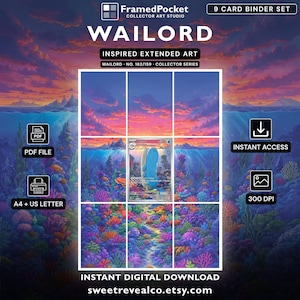 May include: A 9-card binder set digital download featuring Wailord inspired extended art. The image displays a vibrant underwater coral reef scene under a sunset sky, divided into a grid. Text includes FramedPocket, Wailord, 300 DPI, and PDF file.
