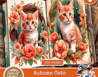 Diario basura de gatos de otoño, suministros para diarios basura, kits para diarios basura, gatos lindos, gatos retro, gatos de otoño, imágenes prediseñadas de gatos, efímeras de otoño, otoño