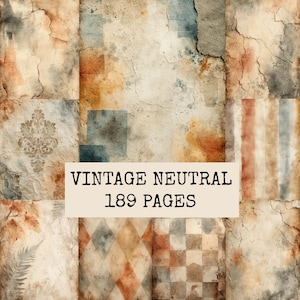 May include: A collection of 189 pages featuring vintage neutral designs with distressed textures, damask patterns, stripes, diamonds, and checkered motifs in muted shades of beige, brown, blue, and gray, with the text VINTAGE NEUTRAL 189 PAGES.