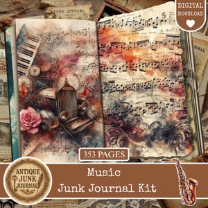 May include: A vintage-style junk journal kit with a musical theme. The open journal pages feature antique car illustrations, musical notes, and a rose. The cover includes the text "Antique Junk Journal," "Music," and "Junk Journal Kit."