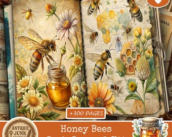 May include: A digital download of a Honey Bees Junk Journal Kit. The open journal pages feature illustrations of bees, honeycombs, and flowers. The color palette includes shades of yellow, brown, and white. The kit includes over 300 pages. The words "Honey Bees Junk Journal Kit" are displayed.