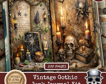 Op de afbeelding: Een vintage gothic junk journal kit met een donkere, antieke esthetiek. Het open boek toont illustraties van schedels, kaarsen en spinnenwebben. De tekst "200 pagina's" is zichtbaar, samen met de woorden "Antique Junk Journal" en "Vintage Gothic Junk Journal Kit."