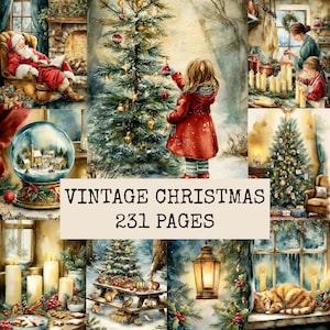 Pode incluir: Uma colagem digital de ilustrações de Natal em estilo vintage com o Pai Natal, uma criança a decorar uma árvore, um globo de neve, uma cozinha, um candeeiro e um gato a dormir, com o texto VINTAGE CHRISTMAS 231 PAGES ao centro.