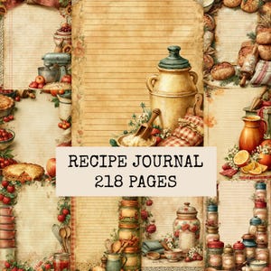 Può includere: Una raccolta di pagine per un diario di ricette con illustrazioni in stile vintage di utensili da cucina, tra cui barattoli in ceramica, ciotole e prodotti freschi come bacche e agrumi. La carta a righe ha una calda consistenza di pergamena invecchiata.