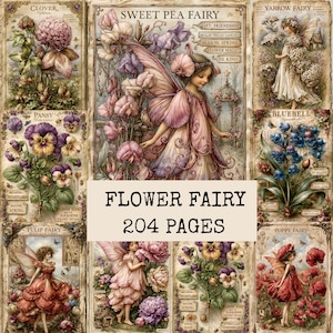 Skräpjournalsidor för blomsterfe, utskrivbart kit för vintage botanisk älva, scrapbookingpapper för blommatchning av älvor, bakgrund med blomsterland