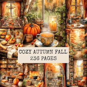 May include: A digital collage of autumn-themed illustrations featuring pumpkins, warm beverages, cozy interiors, and fall foliage. The central text reads COZY AUTUMN FALL 236 PAGES. The imagery includes a dining table, a fireplace, and bookshelves.